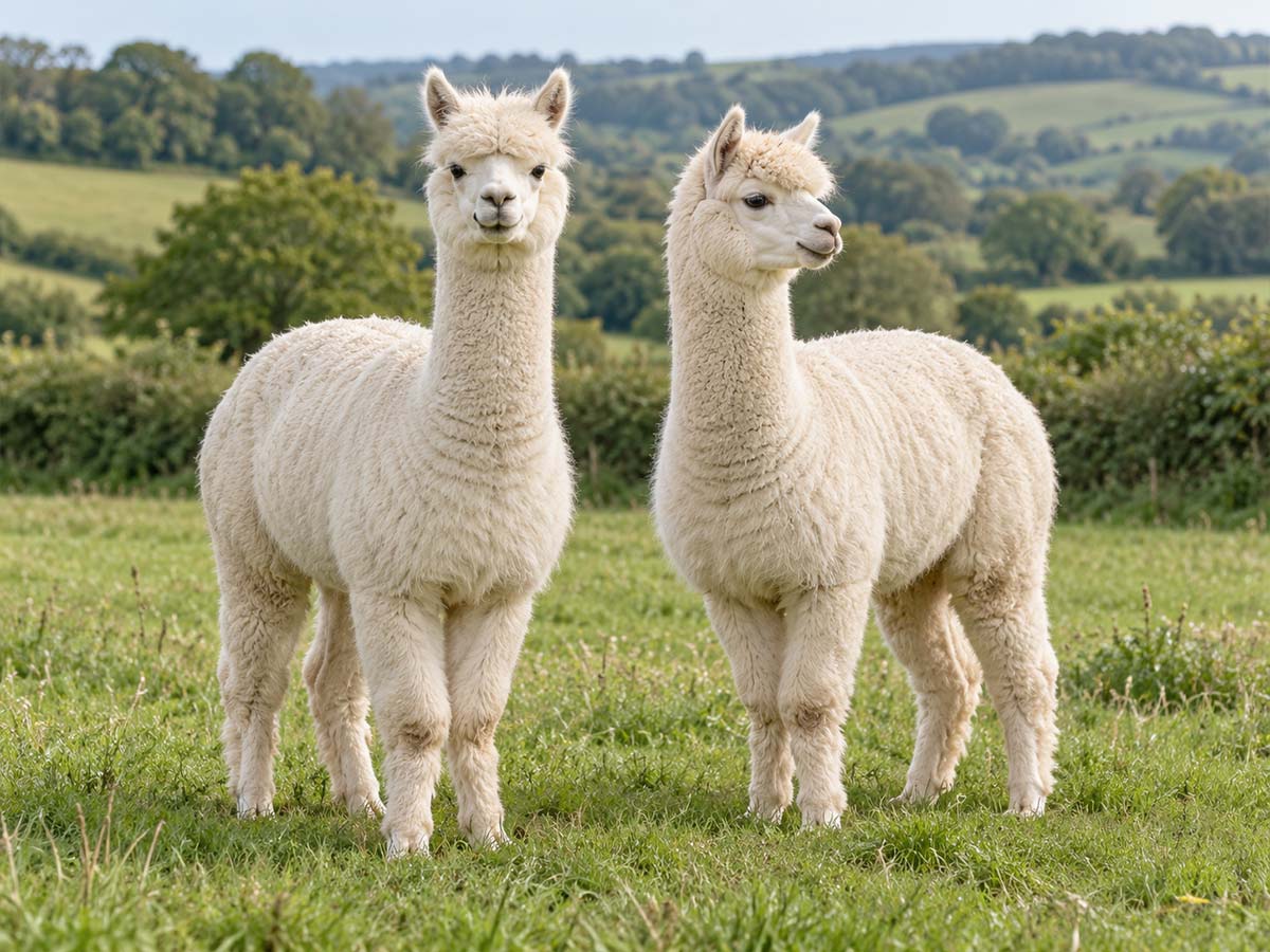 Alpacas standing in a grassy British field.