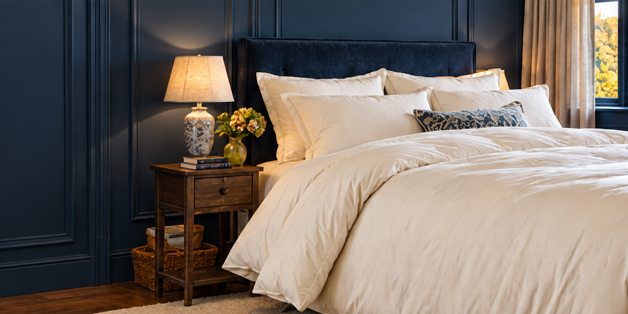 Soft white bedding in a navy bedroom, ready for the cooler autumn evenings