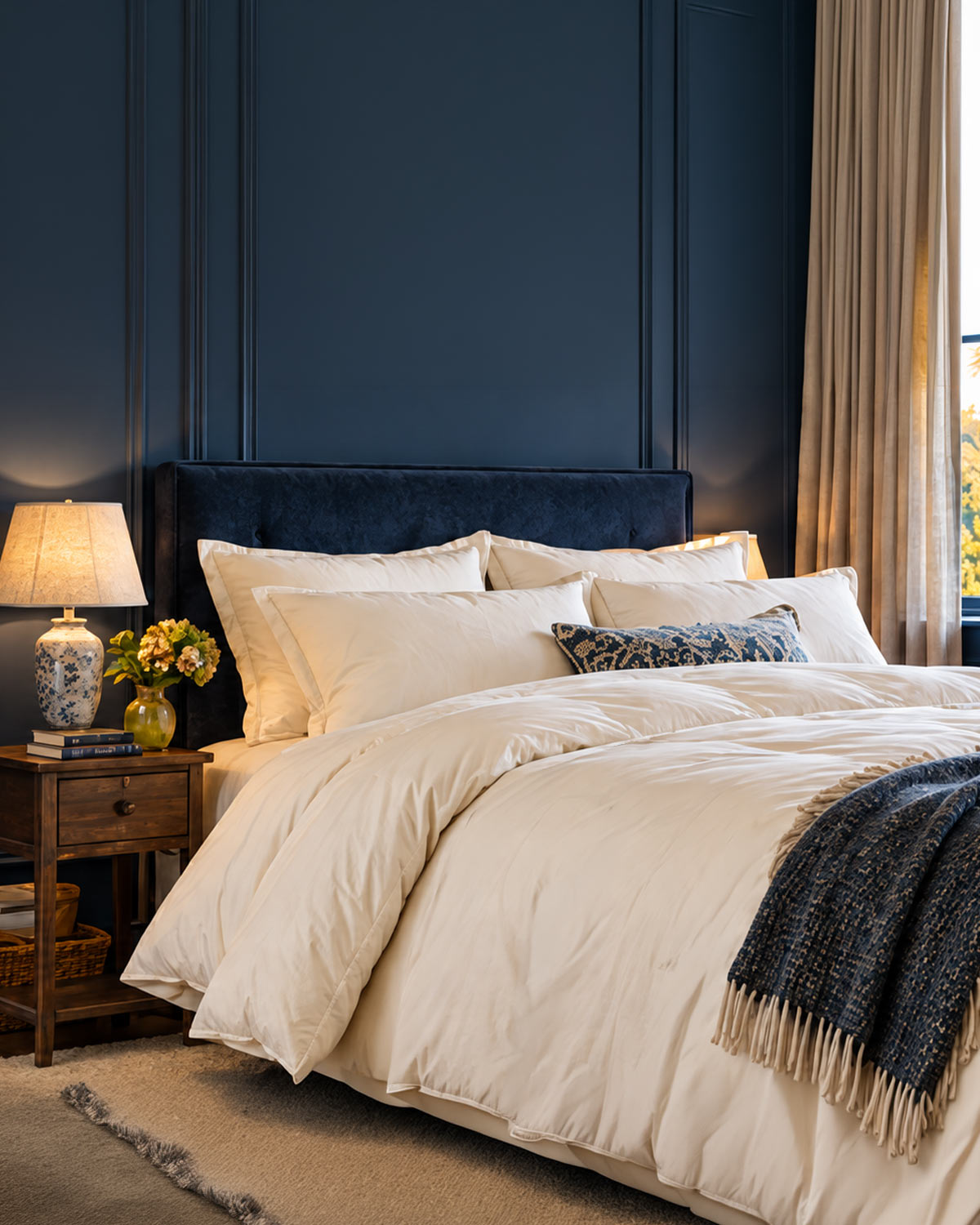 Ivory bedding in a softly lit navy bedroom.