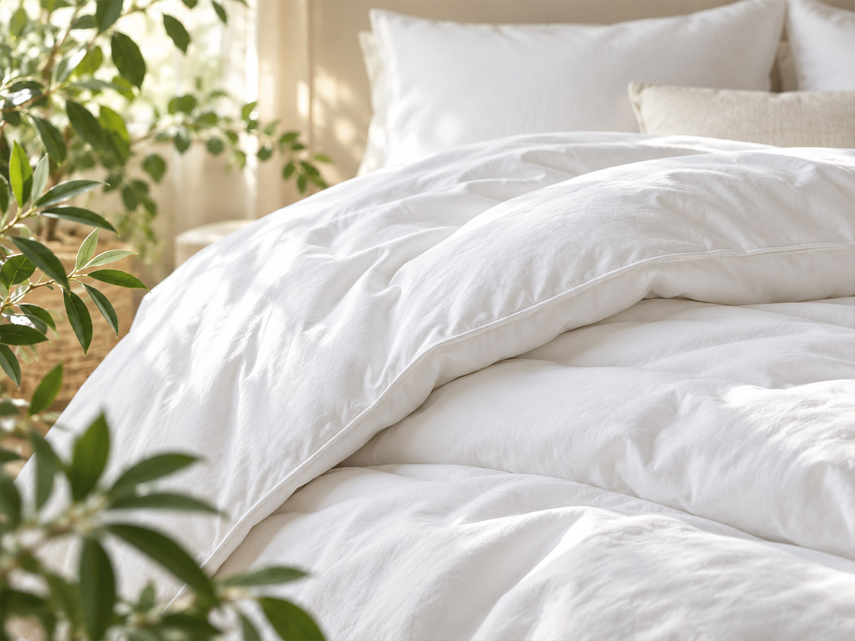 Botanic duvet with softly lit green foliage nearby.