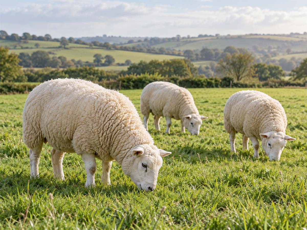 Sheep grazing in a green British pasture.