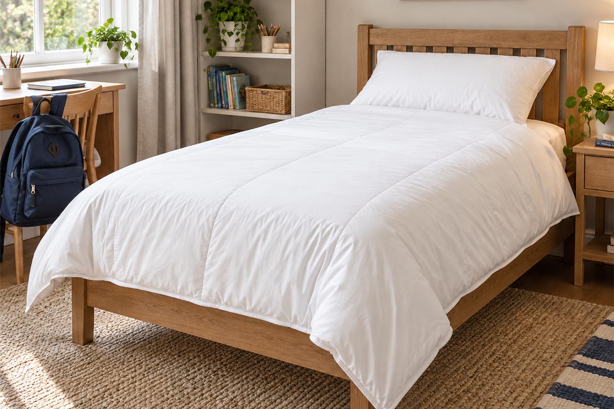 Natural duvet and pillow on a softly styled child's bed.