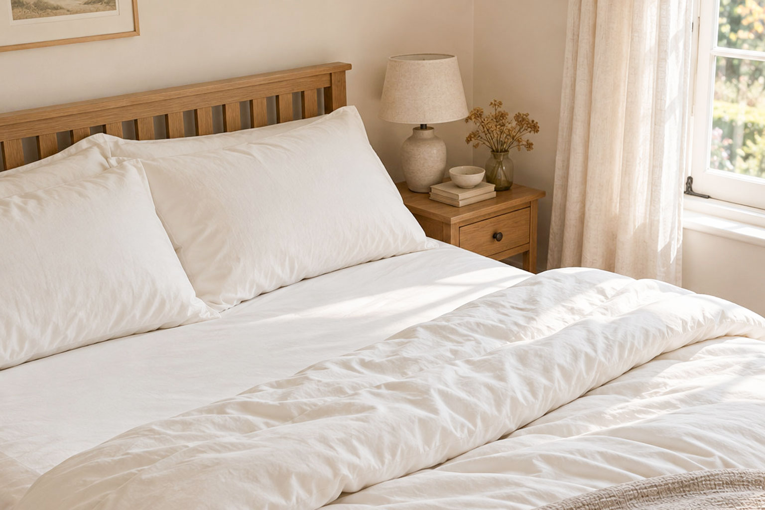 A duvet turned back on a bed beside a gently open bedroom window.