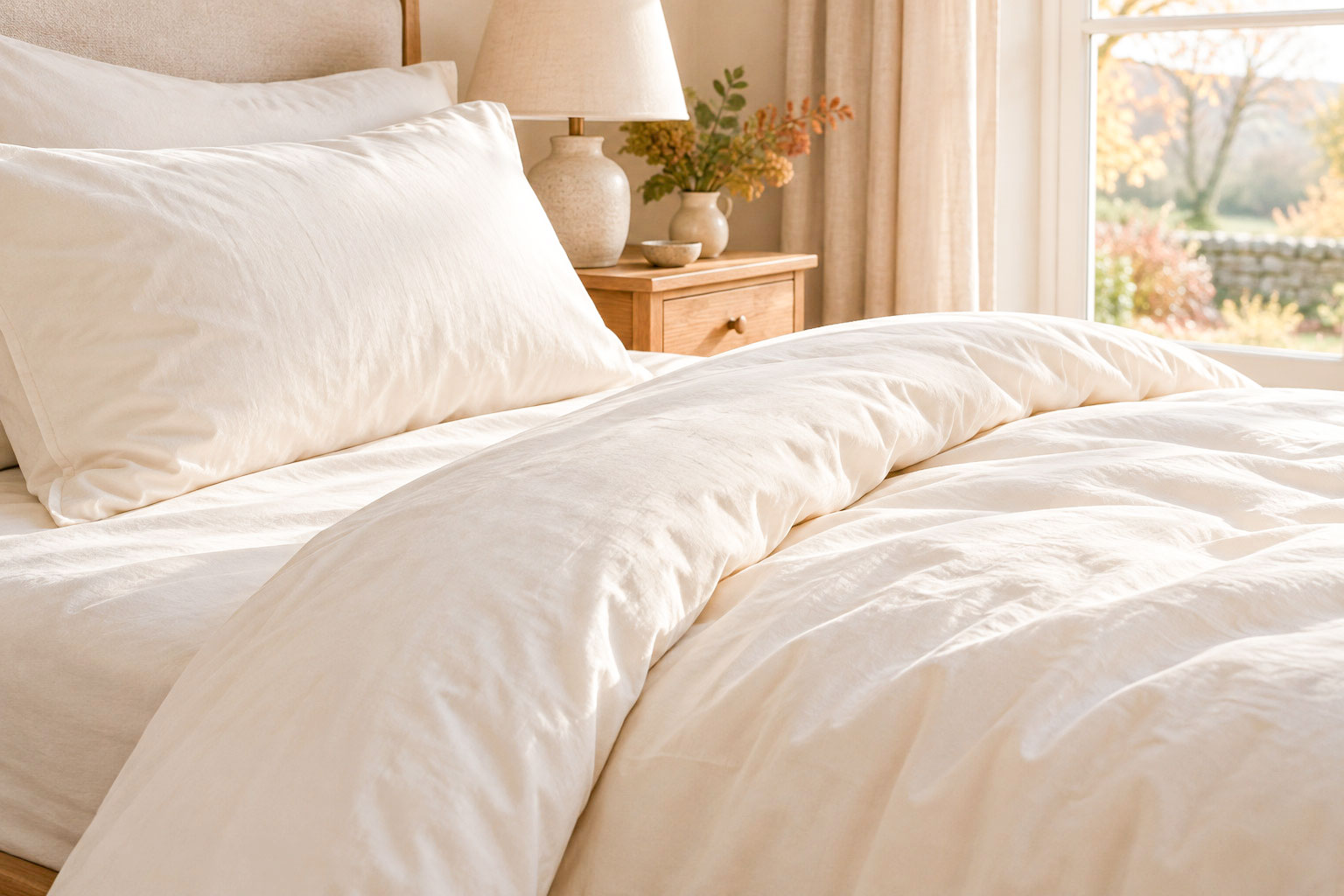 A cream cotton-covered duvet folded back on a bed in autumn afternoon light.
