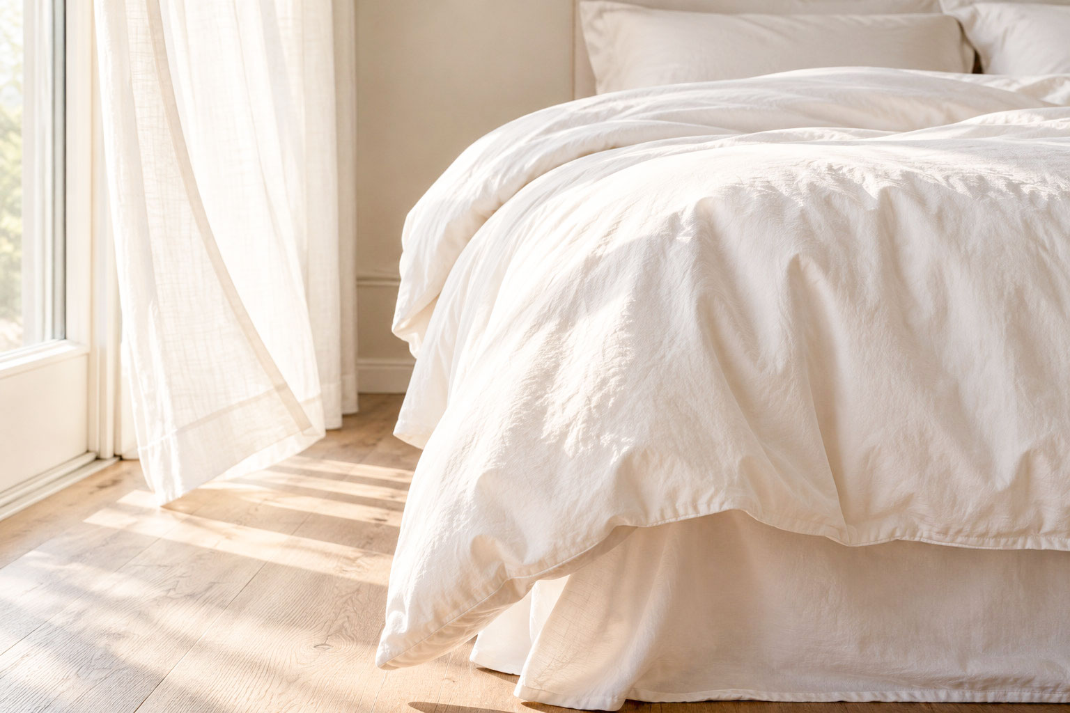 Soft cotton bedding and a pale curtain in gently filtered morning light.