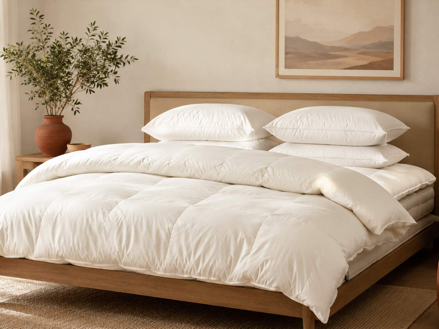A cotton-covered wool duvet, pillows and mattress topper arranged together