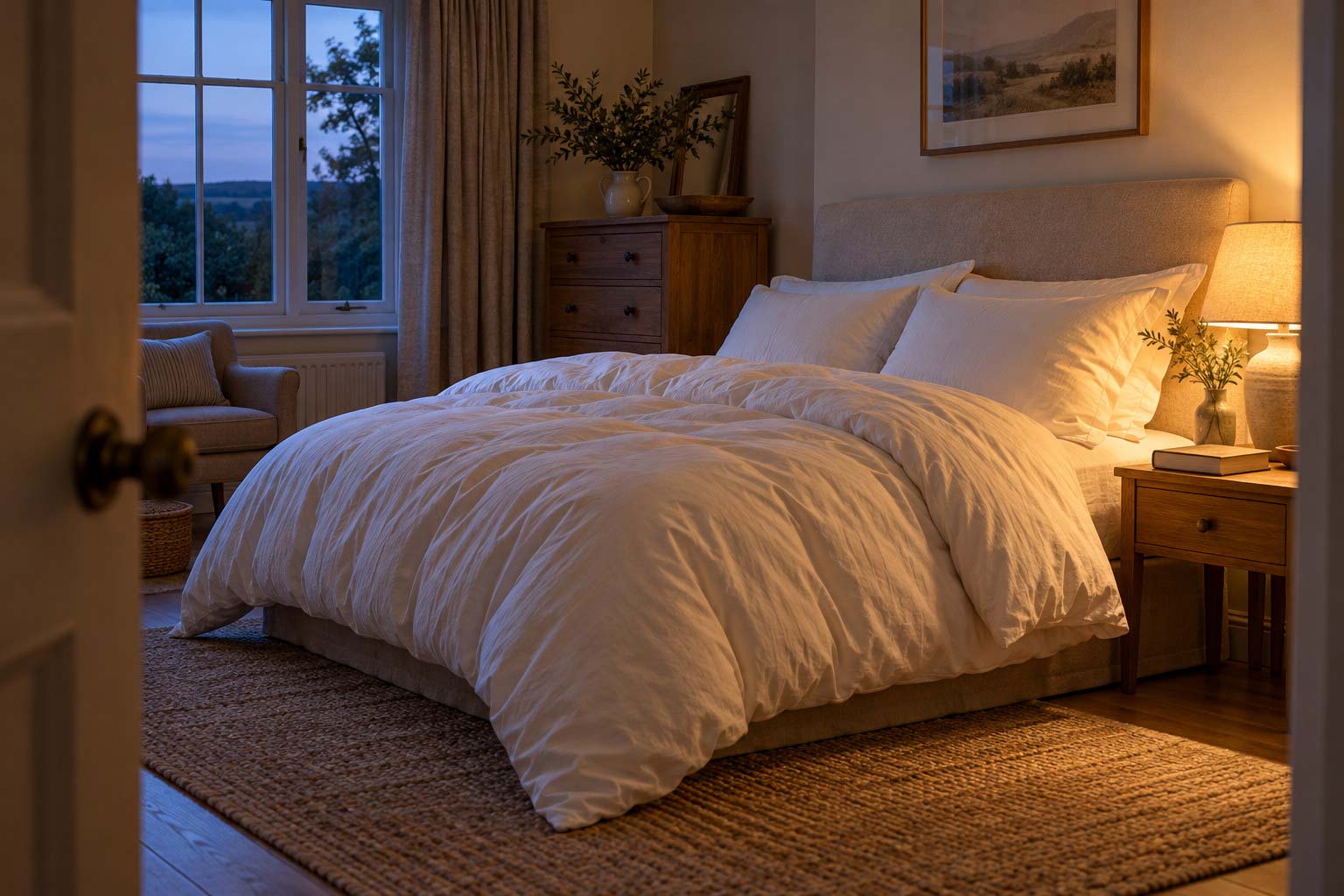 An inviting cream bed in a softly lit bedroom at dusk.