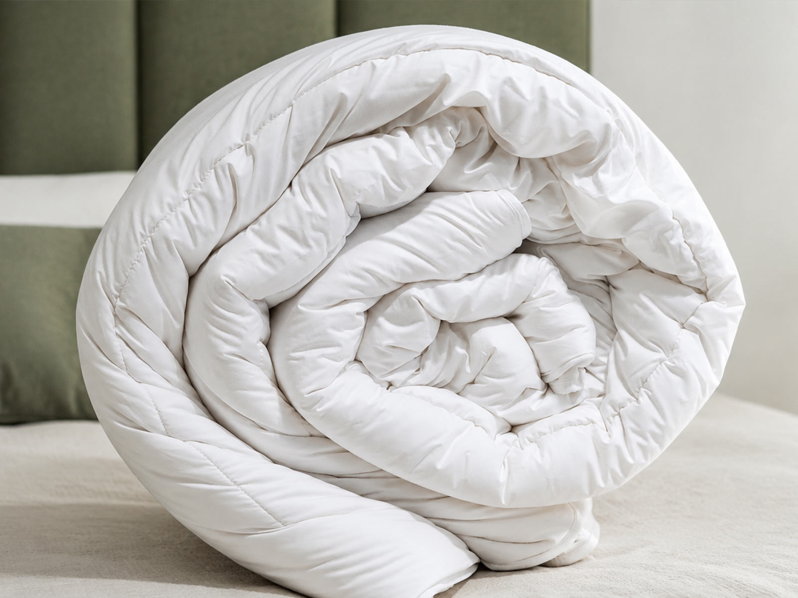 A softly draped cream wool duvet and cotton-covered pillows in a calm bedroom