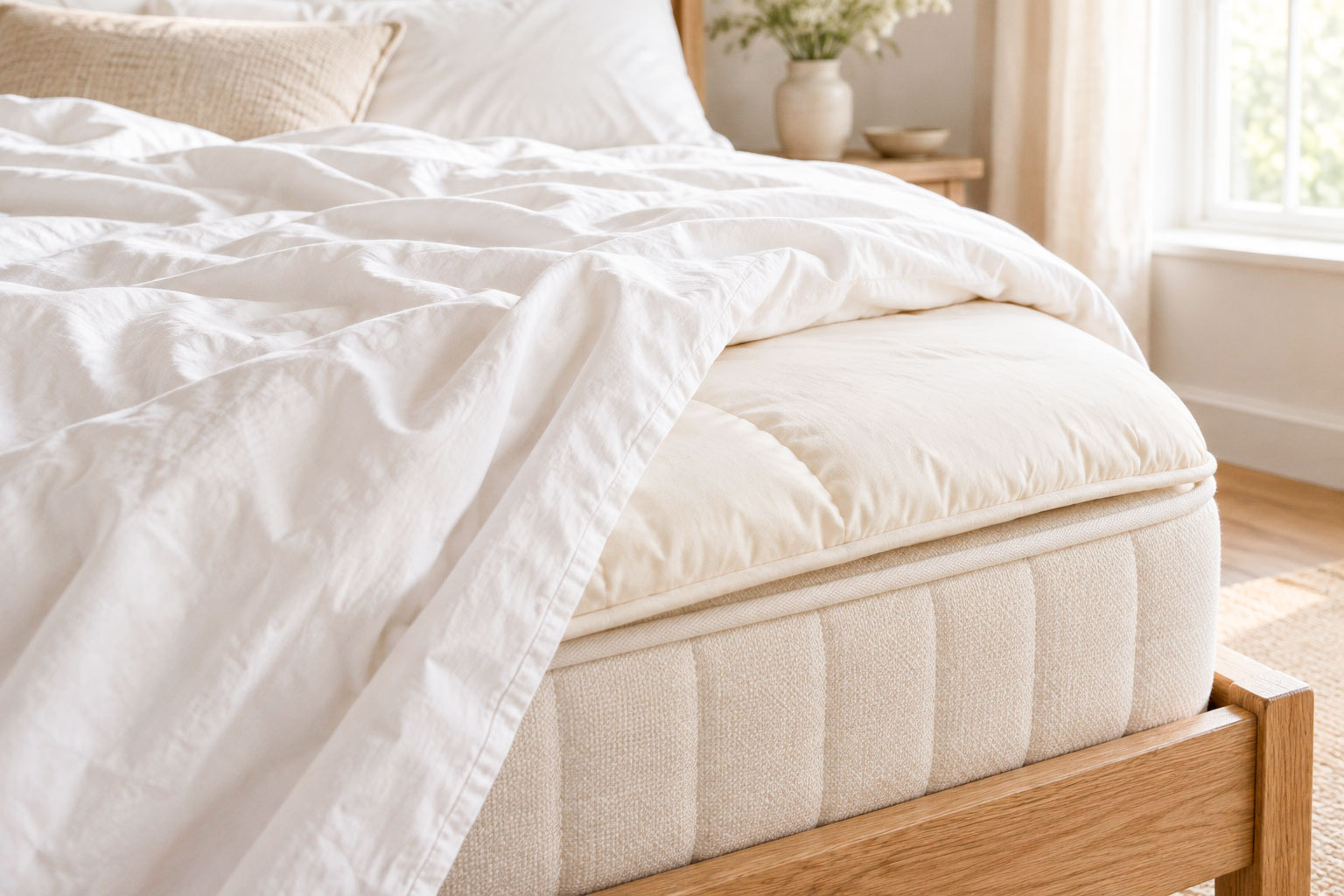 A softly padded cotton-covered bedding layer beneath a turned-back cotton sheet.