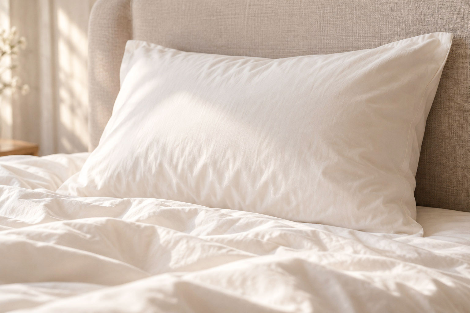 An ivory cotton pillow resting on a bed in soft natural light.