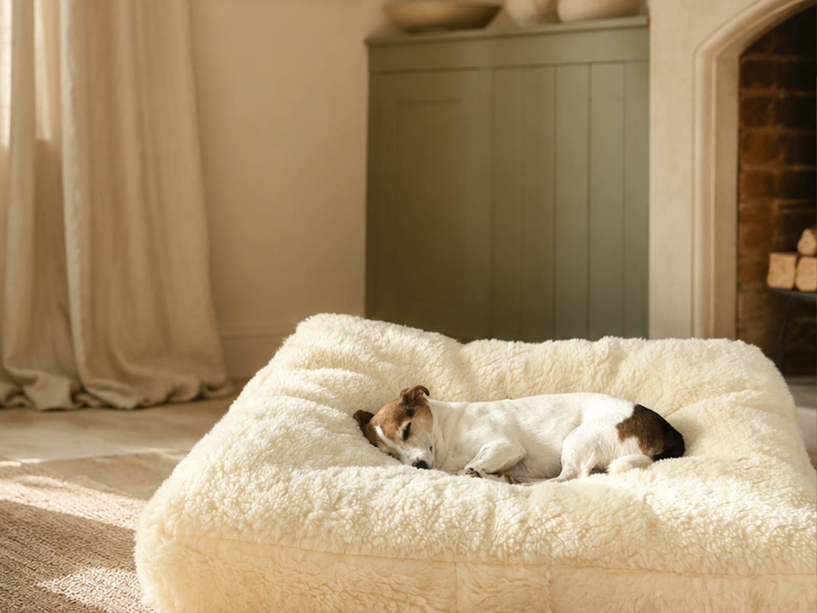 A dog resting on a cream fleece pet bed in a softly lit room