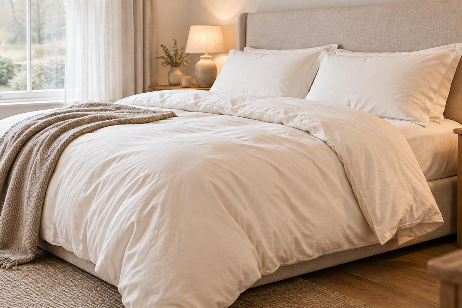 An inviting bed with ivory cotton bedding beside a window in soft autumn light.