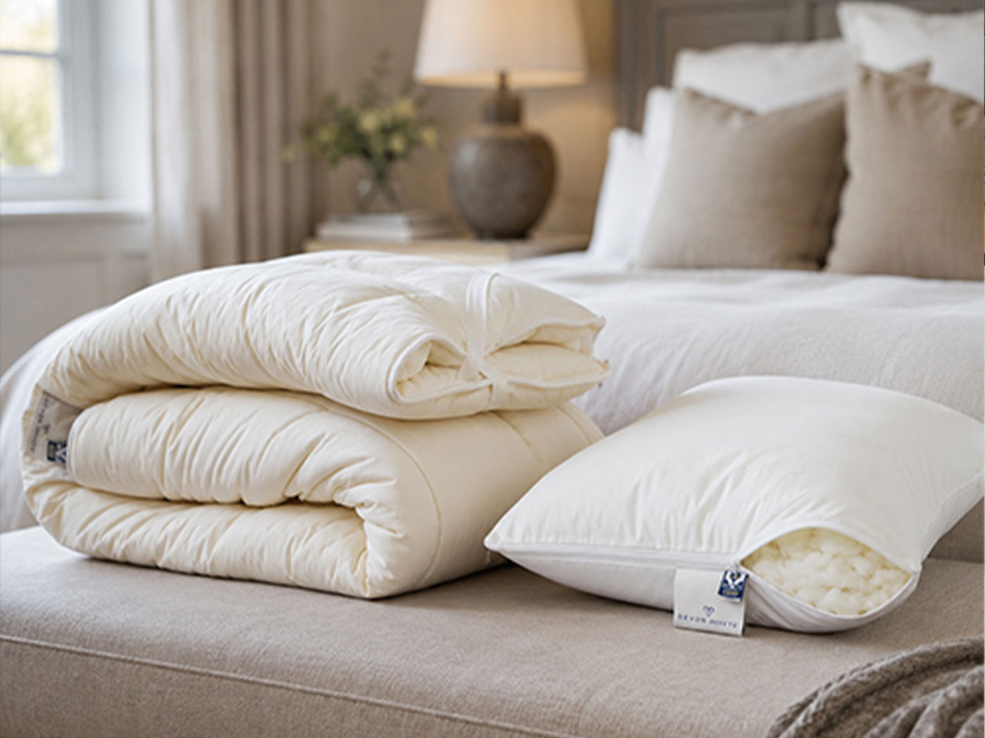 Bedding makers working together to arrange and check a cotton-covered wool duvet