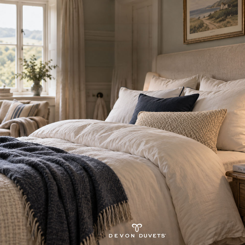 An autumn bedroom with white bedding, textured cushions and a navy knitted throw