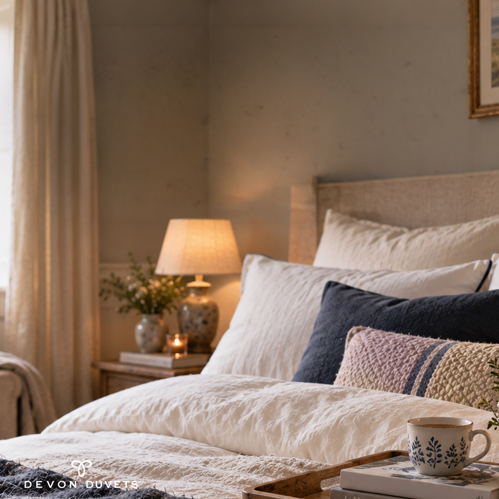 A cup of tea beside a softly layered bed with white bedding and a navy throw