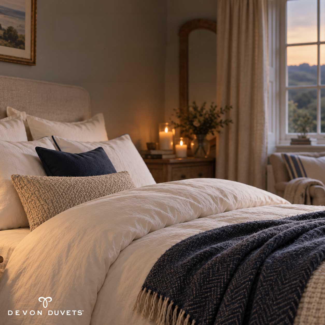 White bedding and a navy throw in a softly lit bedroom at dusk