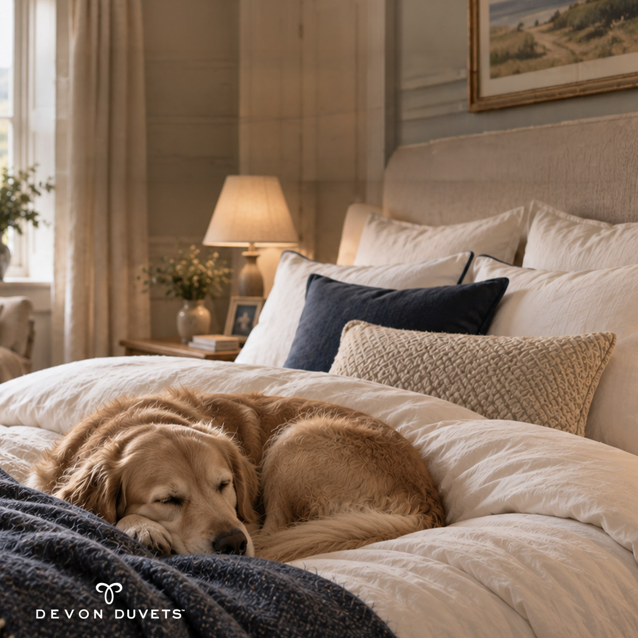 A golden retriever curled up on a navy throw at the foot of a bed