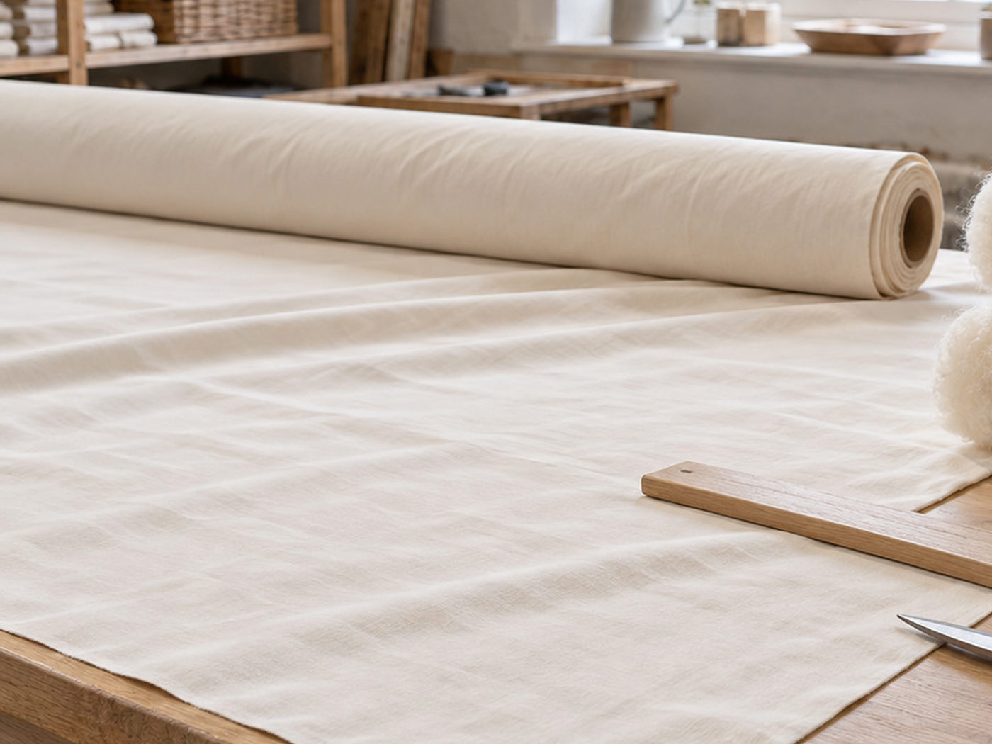 Cotton fabric and prepared wool laid out on a workshop cutting table