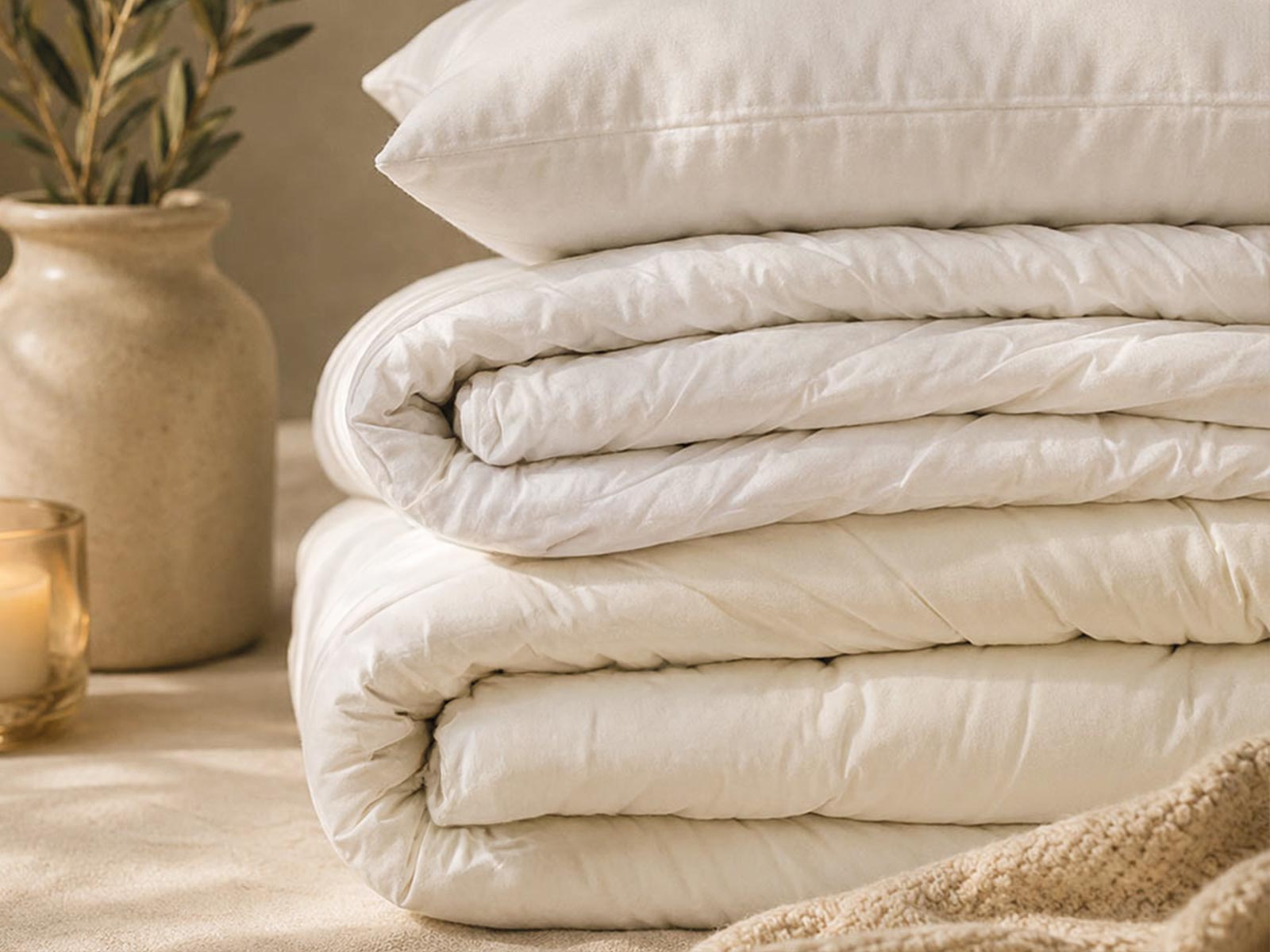 Finished wool bedding styled on a softly dressed bed in a naturally lit bedroom