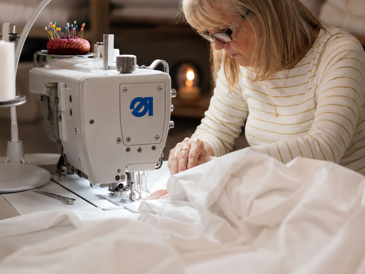 Skilled hands guiding cotton-covered wool bedding through a sewing machine