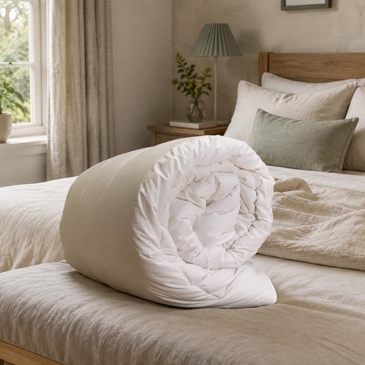 Rolled Extra Warm British wool duvet on a bed in a softly styled bedroom