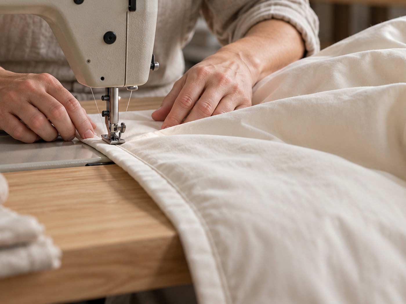 A maker carefully stitching the cotton casing of a wool duvet in a workshop