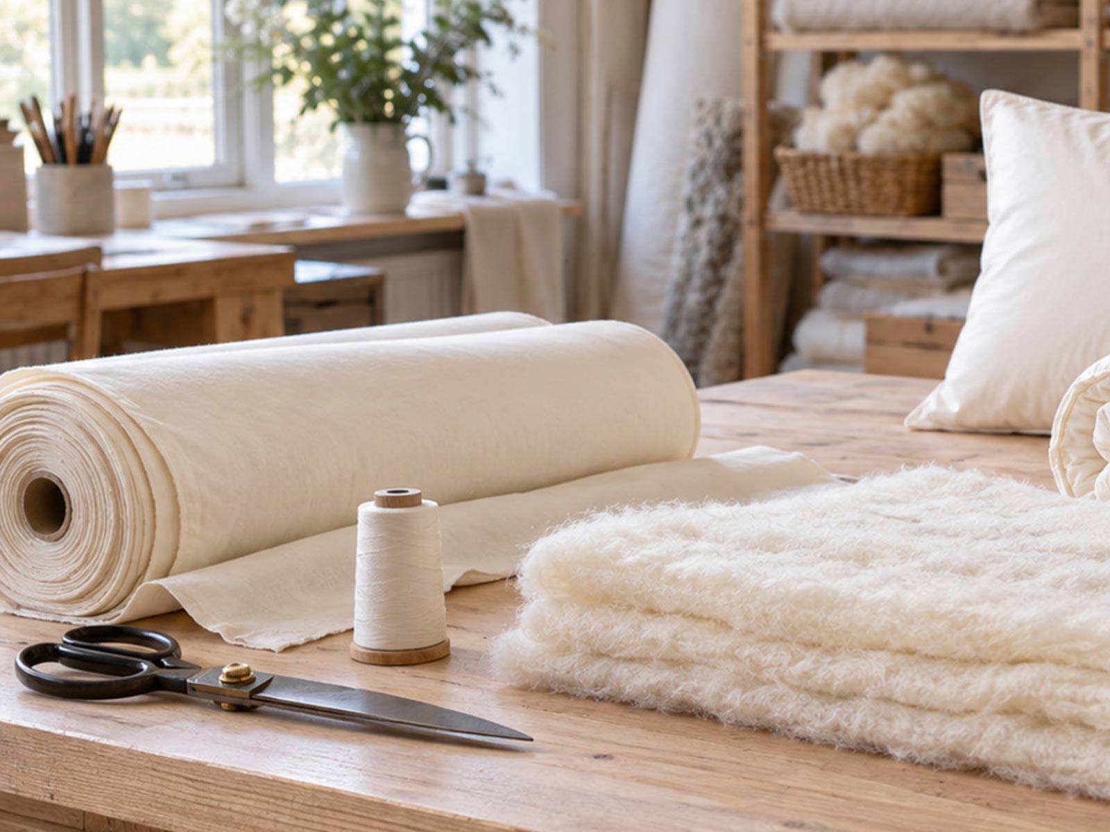 Cotton fabric, prepared wool and folded bedding on a wooden workshop table