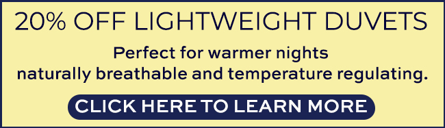 Lightweight duvet 20% sale text banner with a yellow background.