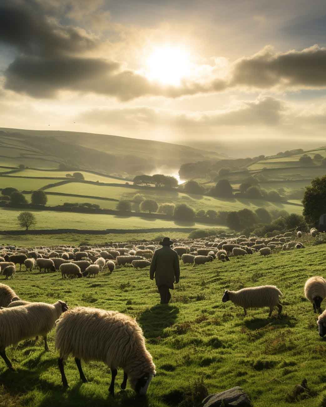 Devon farmer overseeing lush green hills, source of sustainable wool for Devon Duvets.