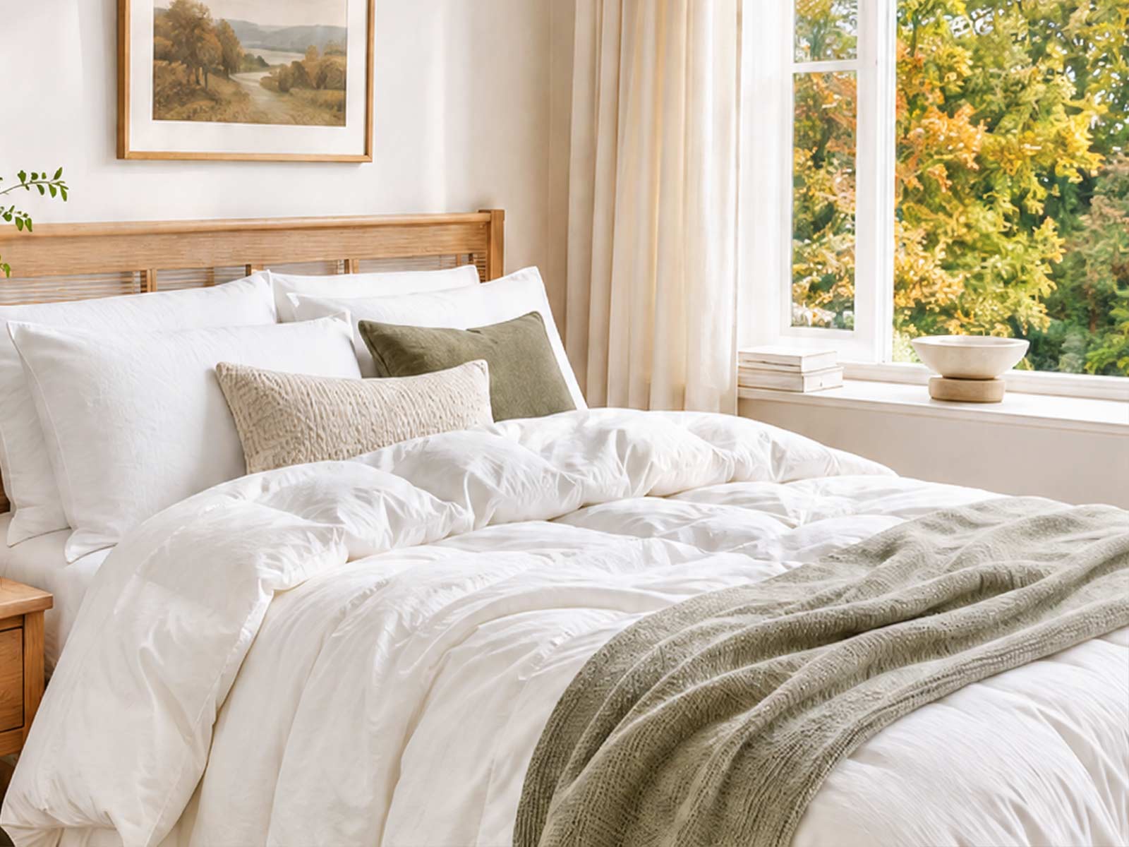A cream cotton-covered wool duvet and pillows arranged in a softly lit bedroom