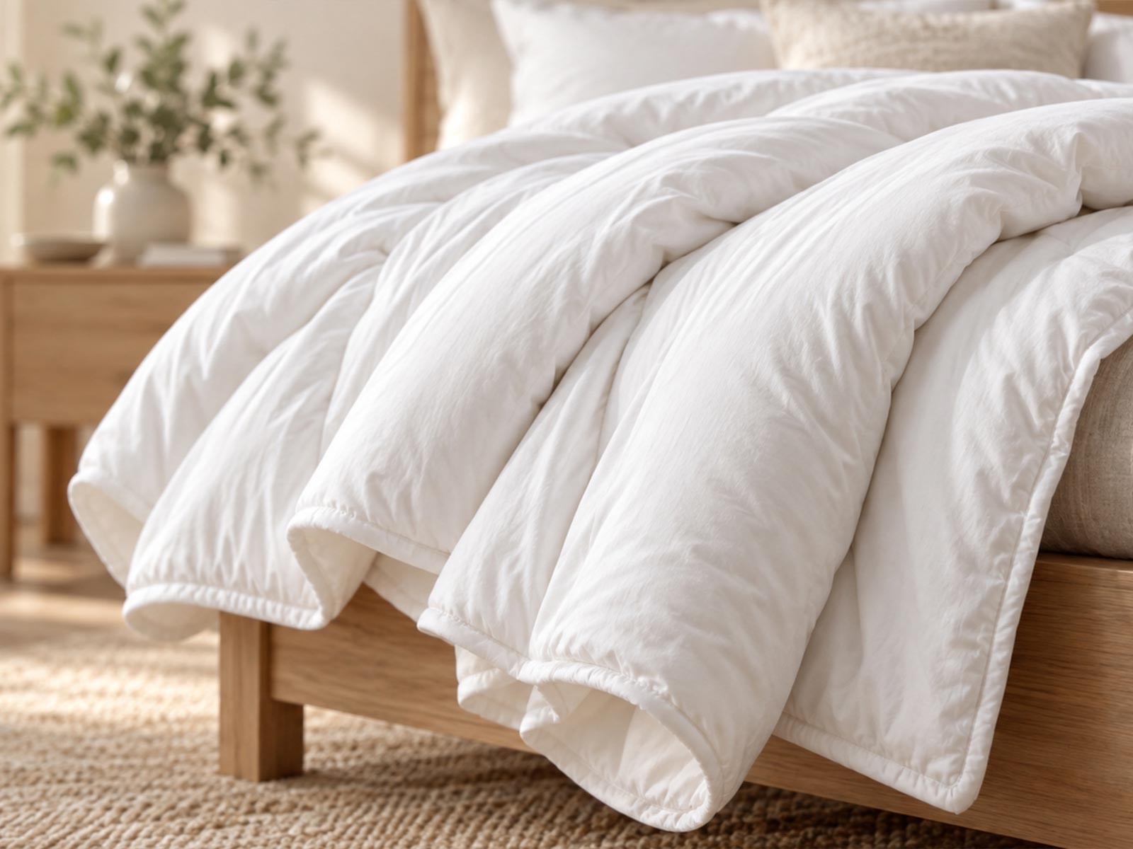 A softly draped cream duvet and pillows on a bed in a calm, naturally lit bedroom