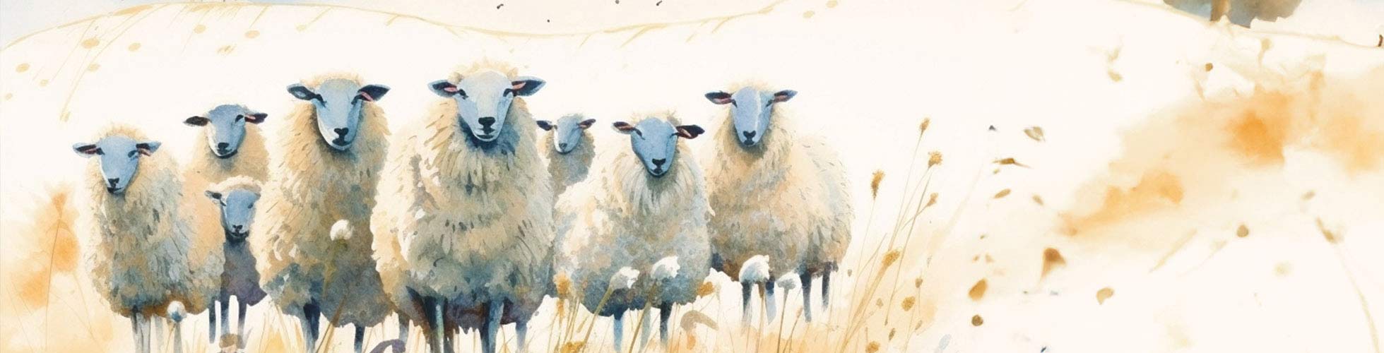 Watercolour illustration of a small flock of rare breed sheep standing in a field of tall, golden grasses.