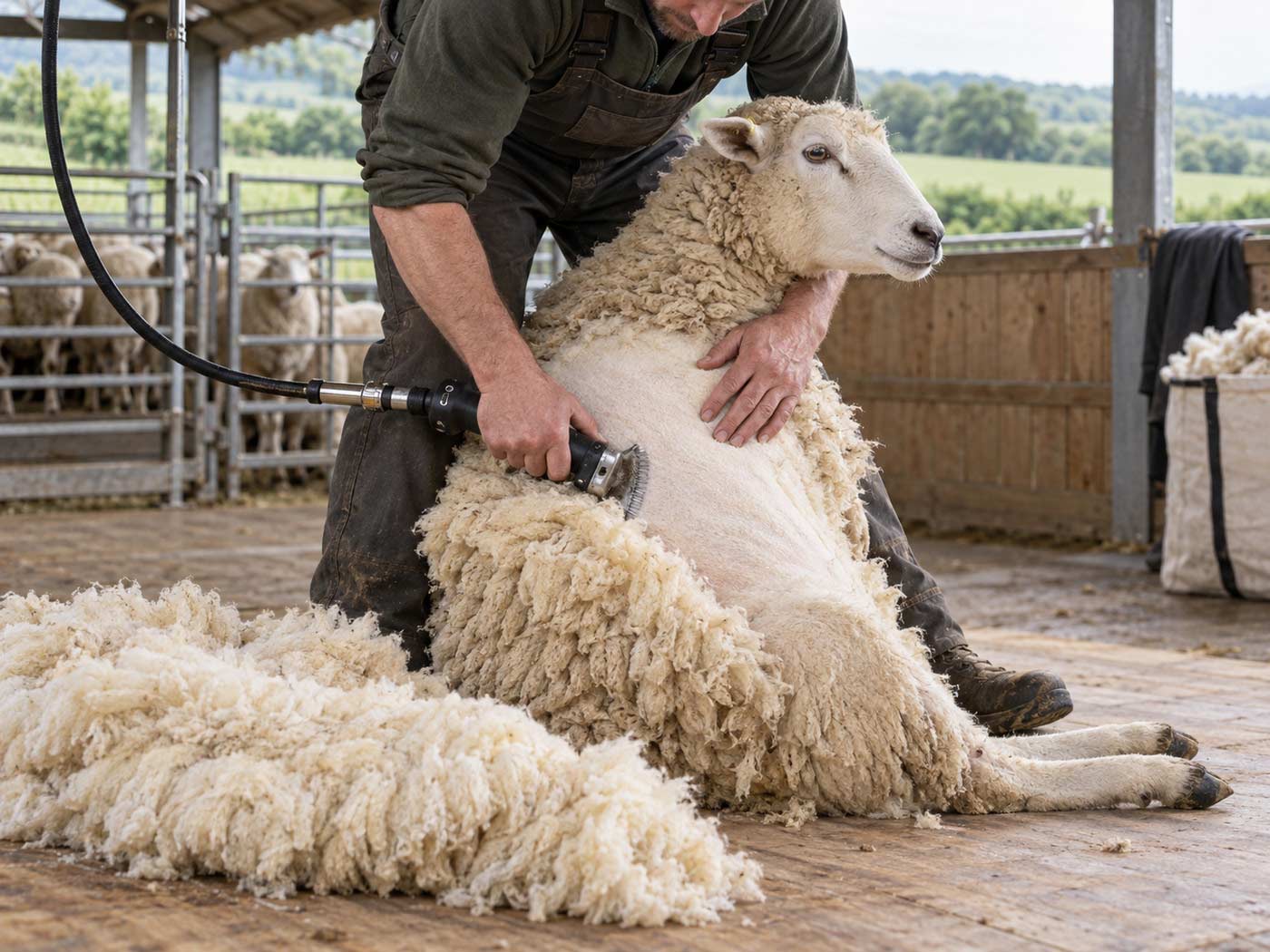 A shearer carefully removing the fleece from an adult sheep on a British farm