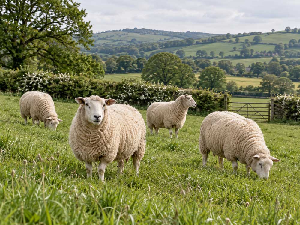 Adult wool sheep grazing among hedgerows and rolling fields in the British countryside