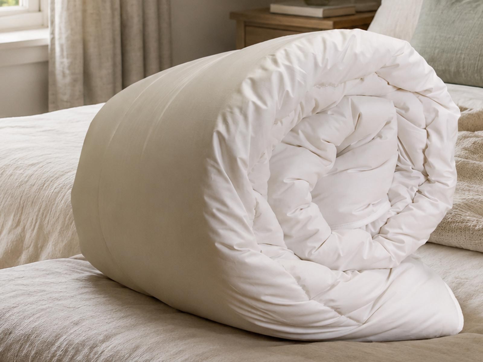 A softly draped cream cotton-covered wool duvet and pillows in a calm bedroom