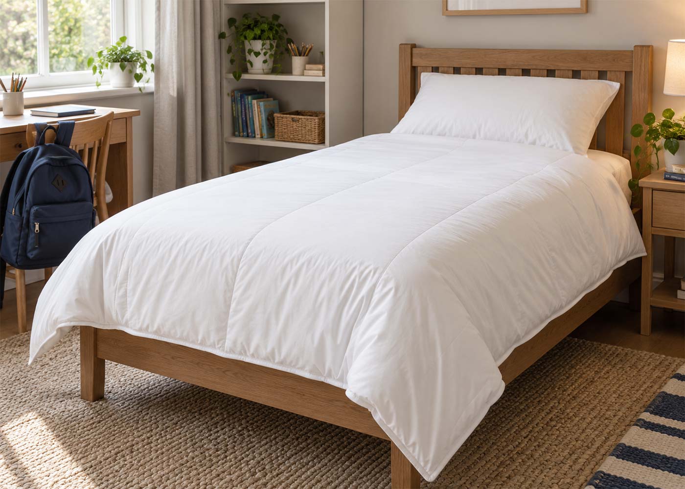 Calm child's bedroom with natural bedding ready for the new school term