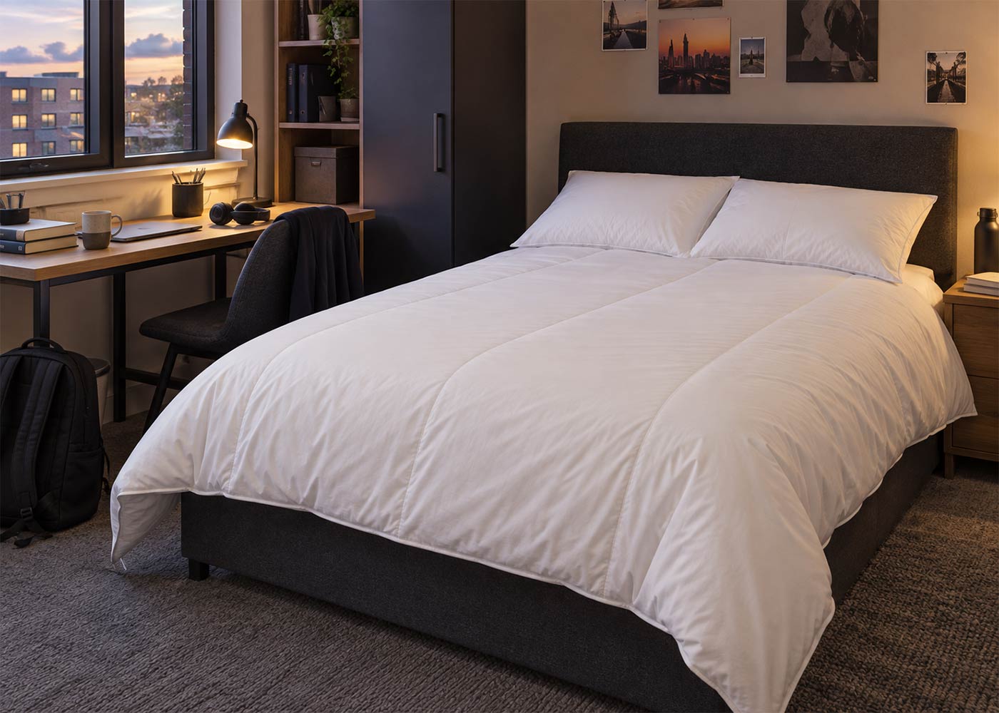 Welcoming university bedroom with natural bedding, books and familiar comforts