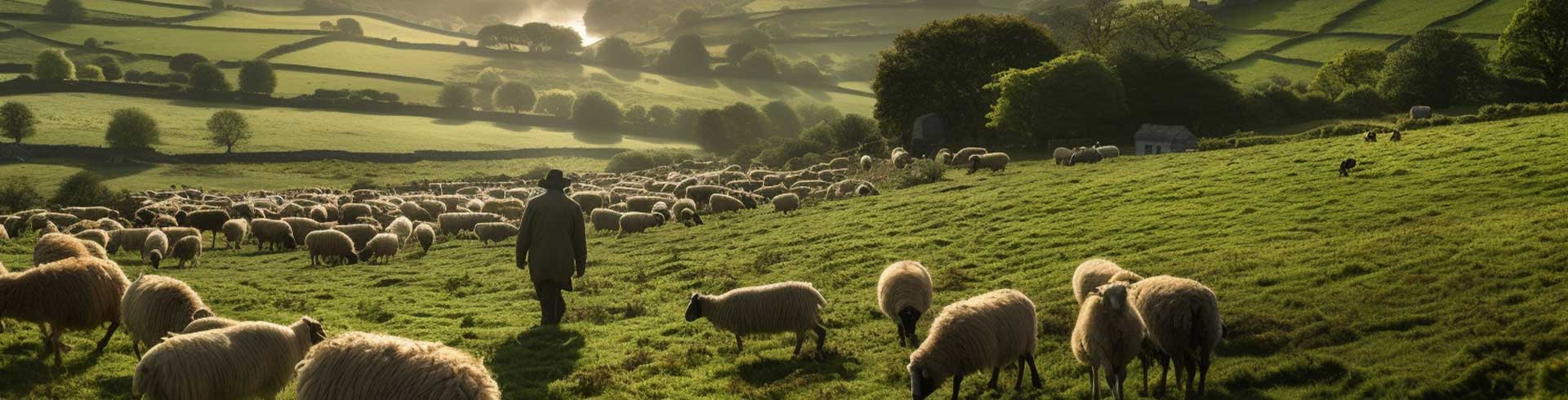 Devon farmer overseeing lush green hills, source of sustainable wool for Devon Duvets.