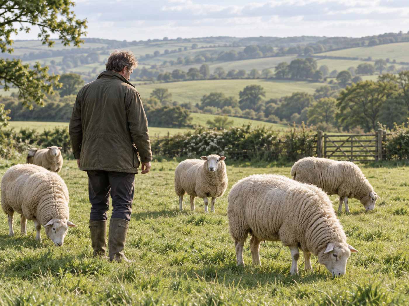 A farmer checking a flock of adult sheep in a green pasture