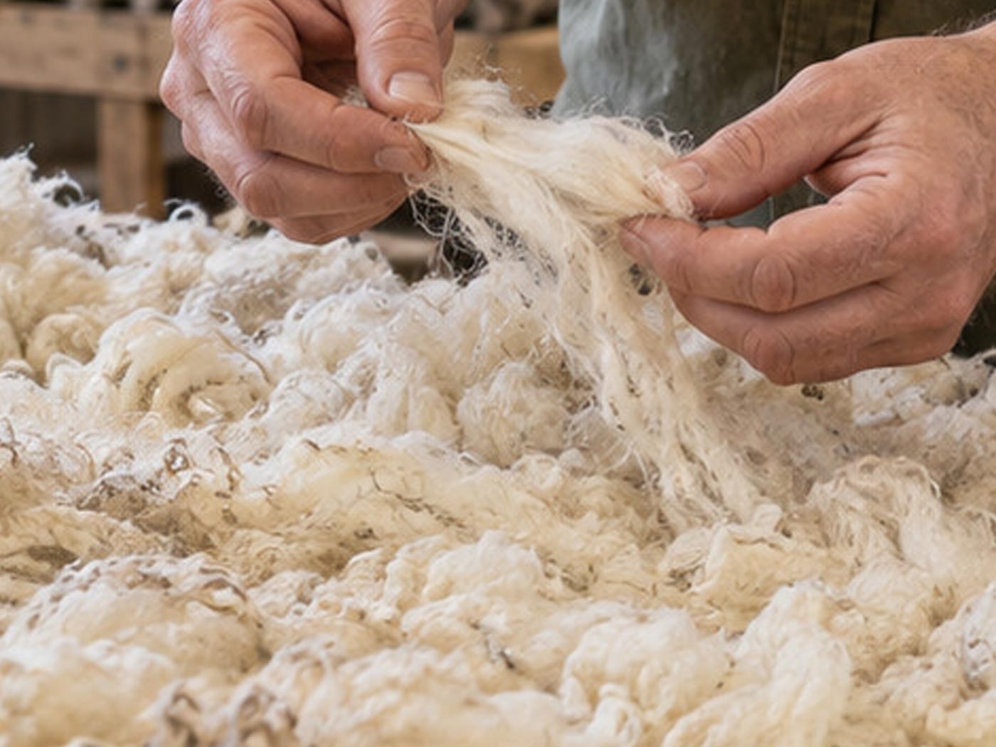 A wool grader examining a fleece on a sorting table