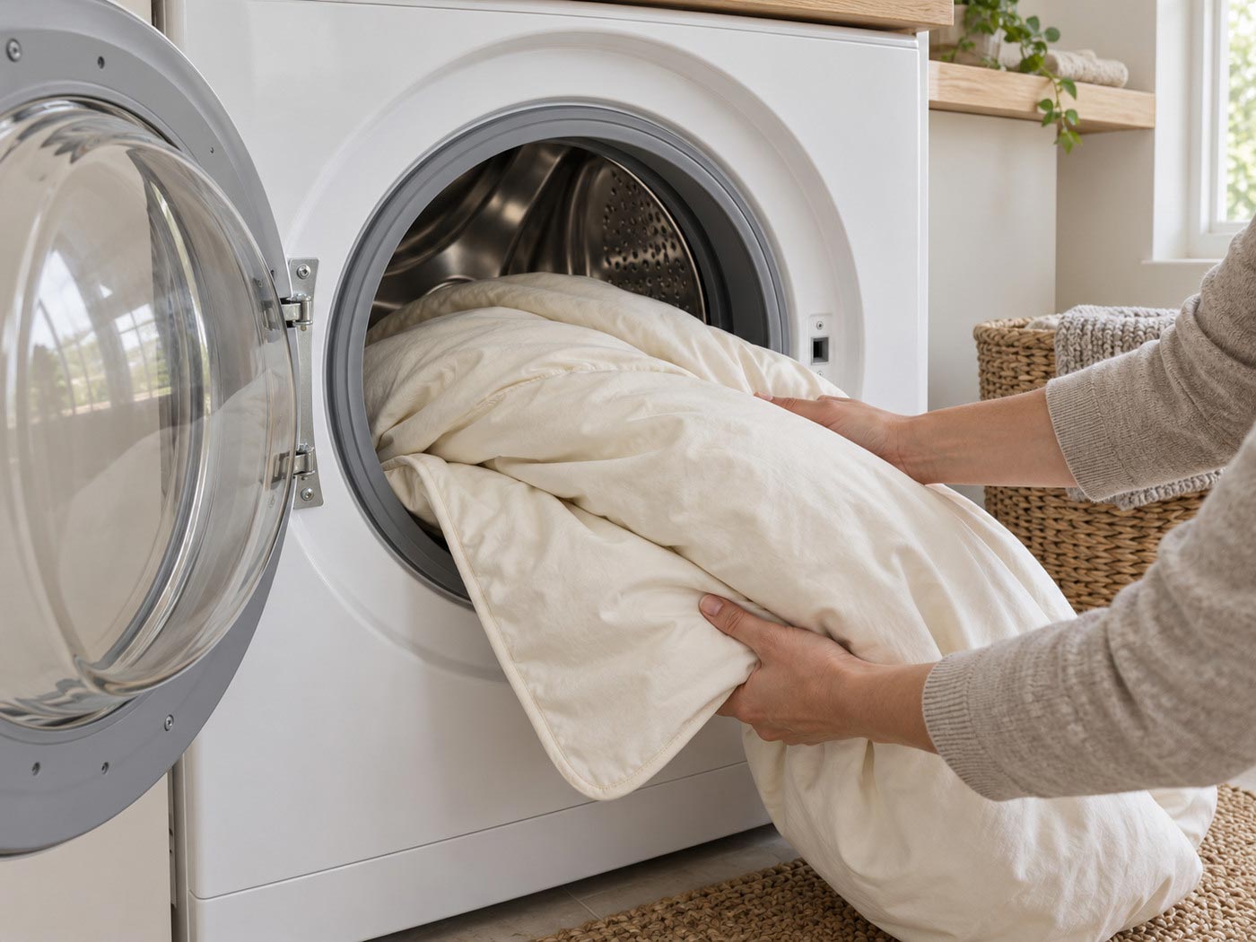 A cream duvet being placed into a spacious front-loading washing machine