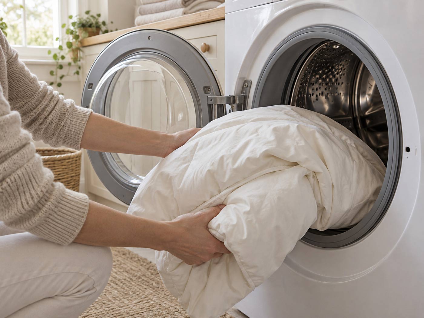 A cream duvet being placed into a spacious front-loading washing machine