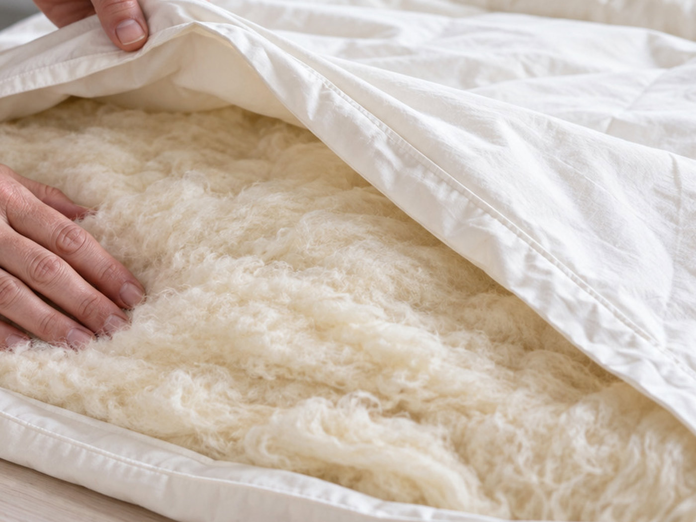 Hands carefully positioning a lofty wool layer inside a loosely folded cotton duvet casing
