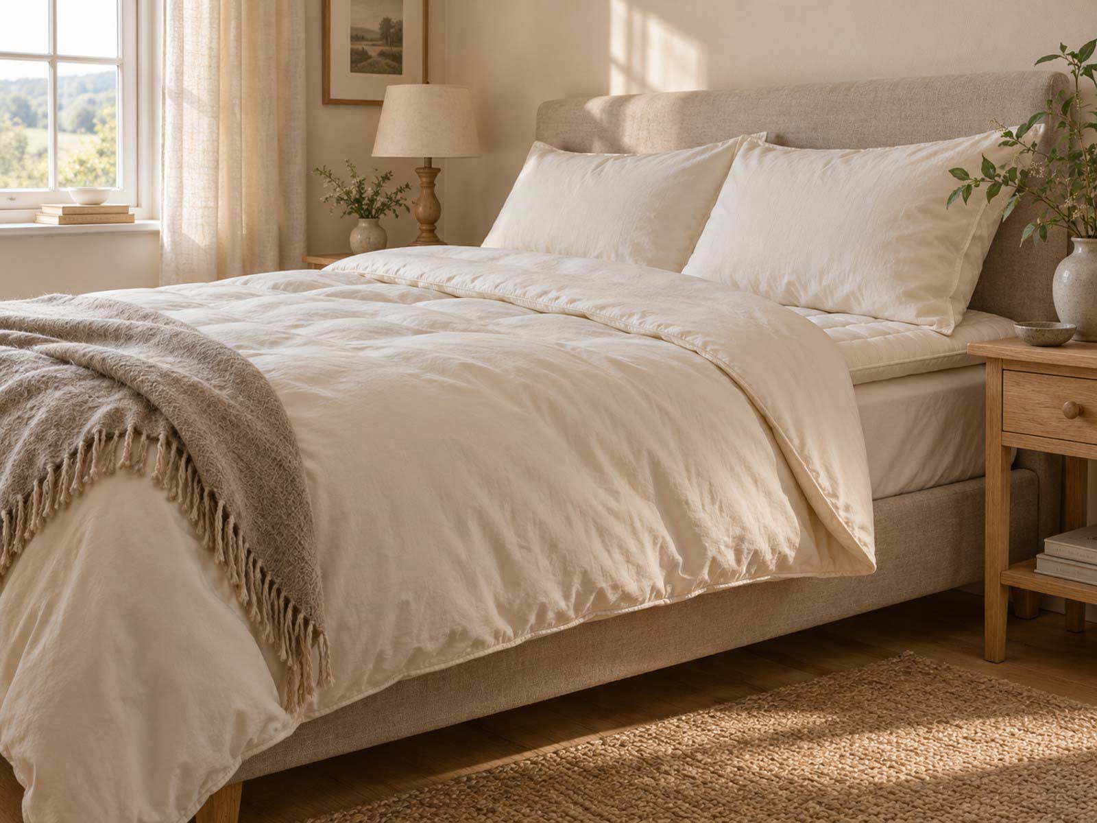 A bed dressed with a wool duvet and pillows, with a wool mattress topper beneath the cotton sheet