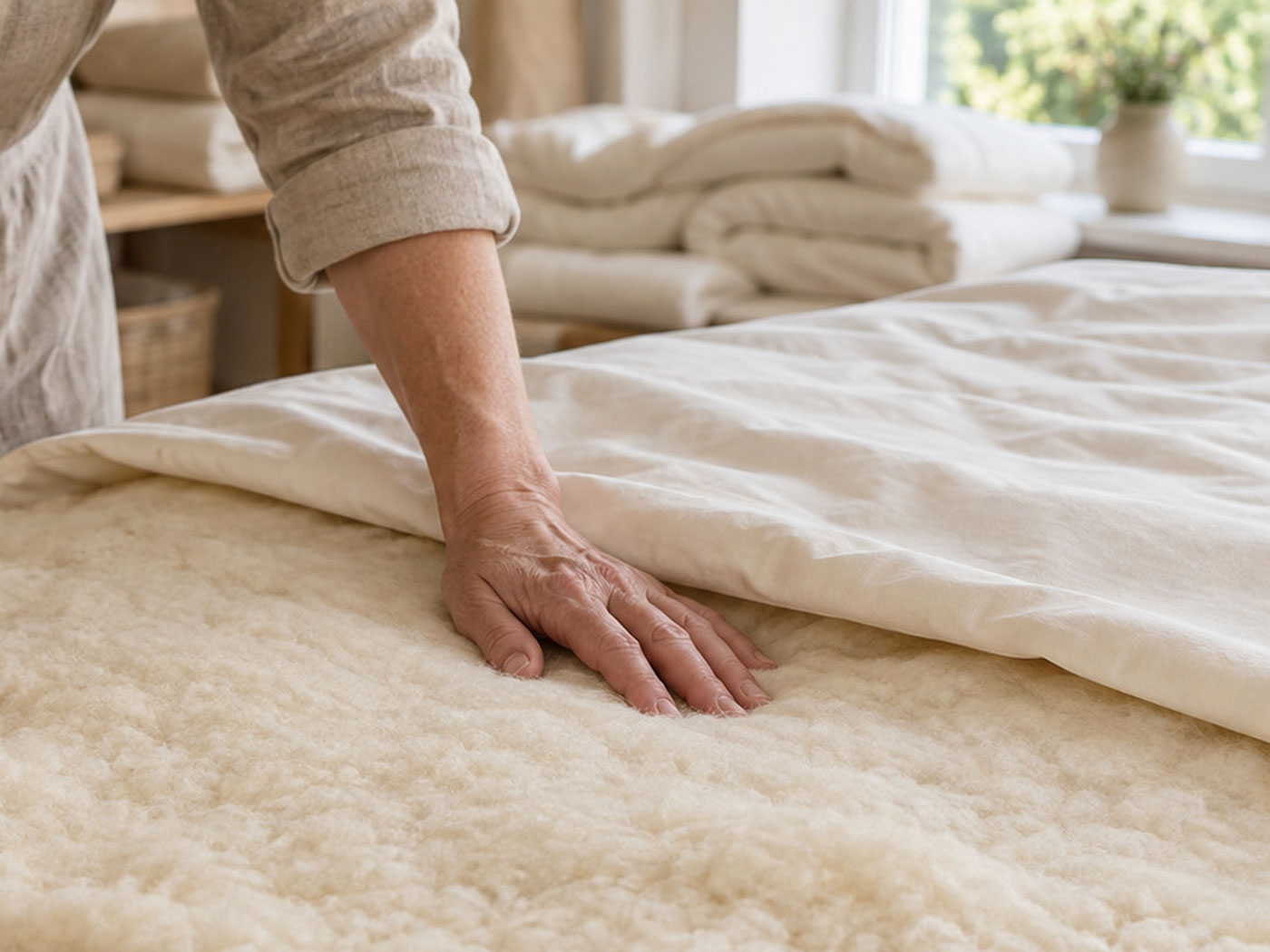 A maker carefully laying wool filling into cotton casing on a workshop table